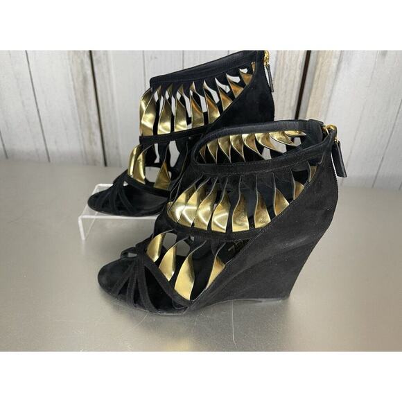 Chanel Twisted Gold Black Suede Wedge Sandals Statement Size 37 - Picture 1 of 9
